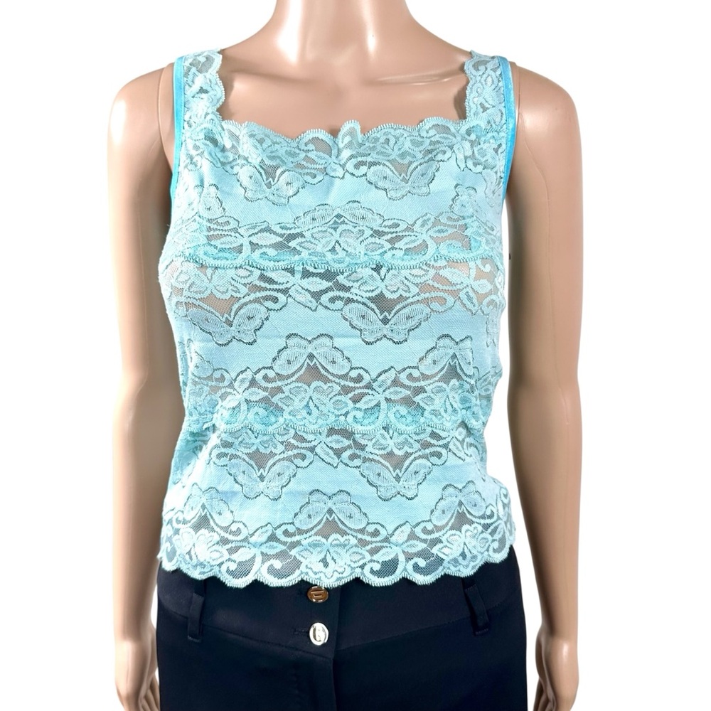 Sabora Aqua Blue Butterfly and Floral Design Lace Tank Top sz L